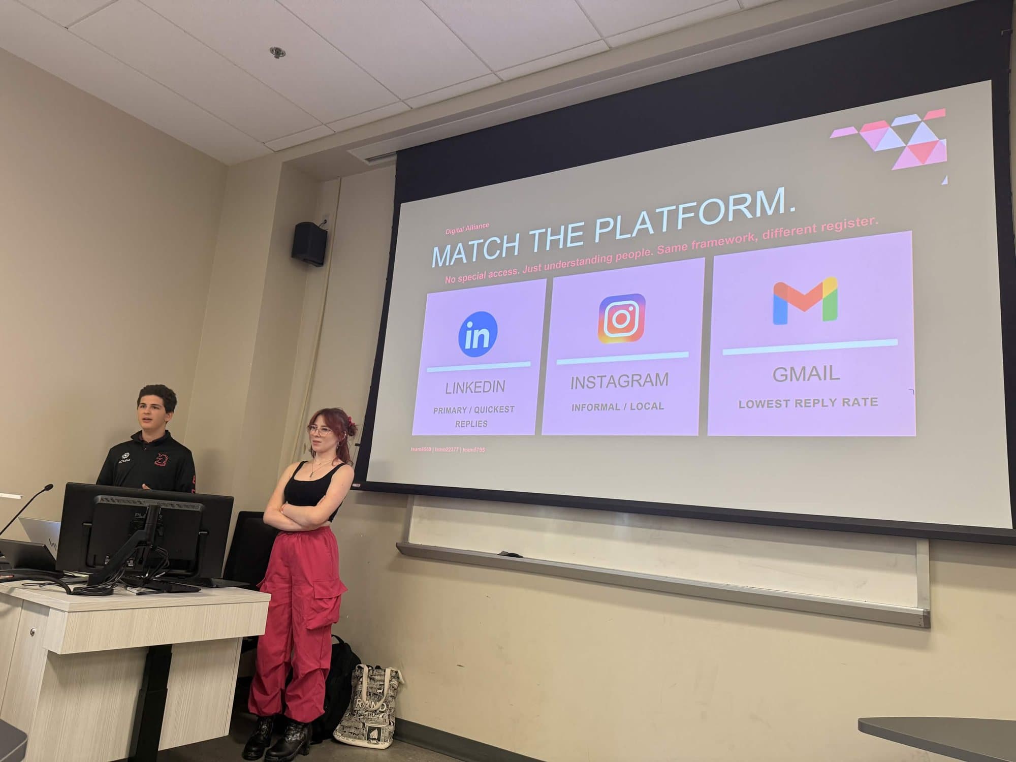 Two RoboKnights members presenting the Digital Alliance slide 'Match the platform' at kickoff